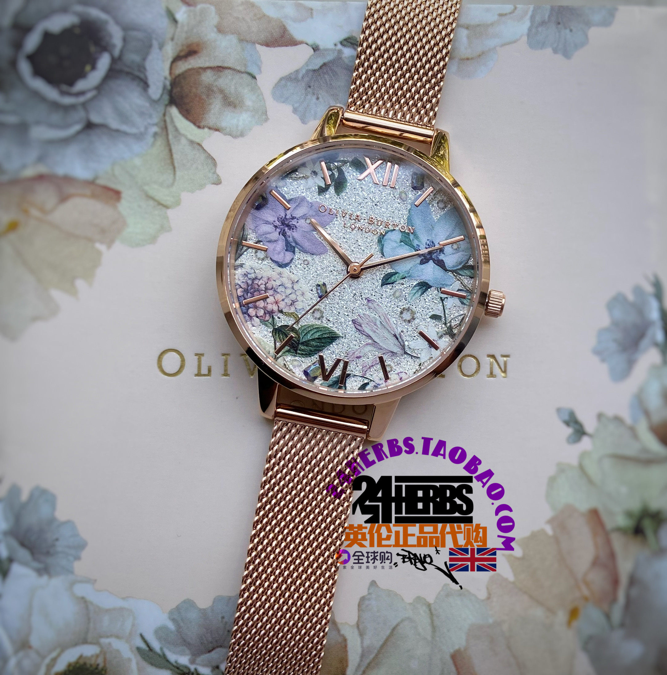 正品OliviaBurton碎钻花卉百搭气质休闲玫瑰金OB女手表生日礼物