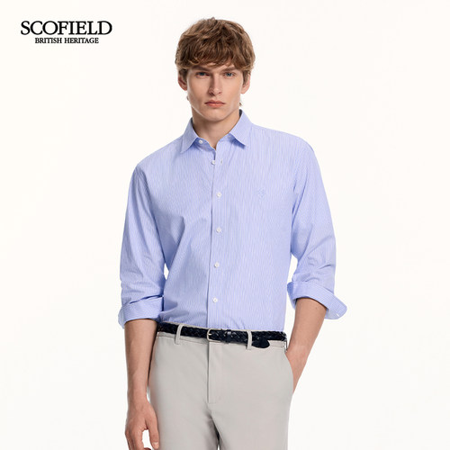 SCOFIELD男装26夏季新品100%棉长袖职场通勤条纹修身蓝色衬衫男