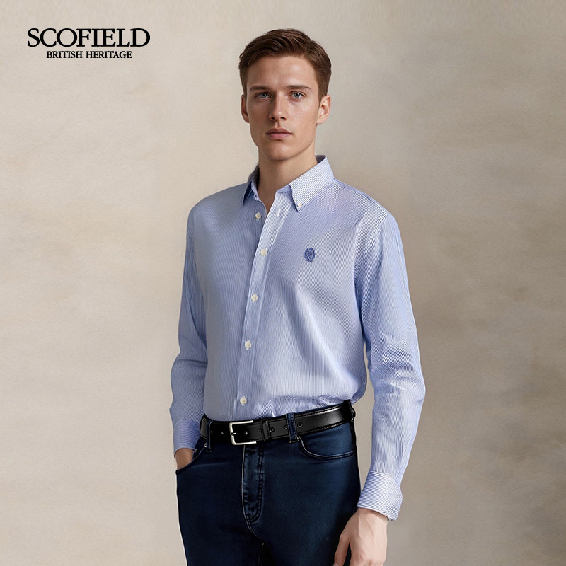 【100%棉】SCOFIELD男士秋季新款商务通勤经典条纹长袖衬衫男
