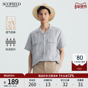 SCOFIELD男士衬衣夏季亚麻棉质休闲小格子商务短袖衬衫口袋装饰