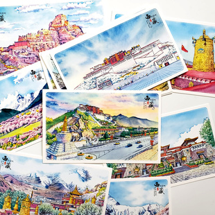 西藏拉萨布达拉宫特色旅游纪念品礼物临摹装饰卡片书签手绘明信片