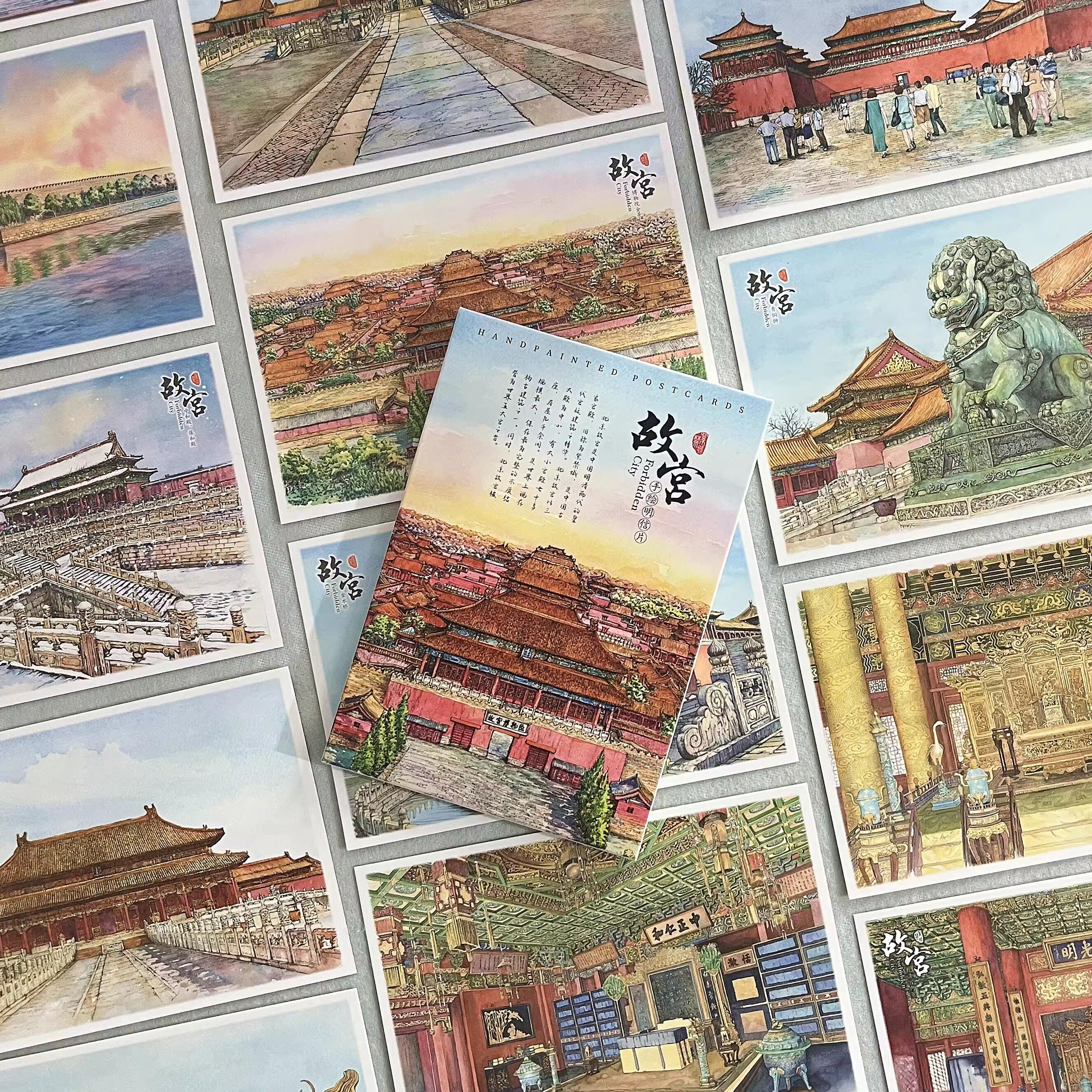 故宫博物院地标景点卡片北京文创旅游纪念品送老外手绘风景明信片