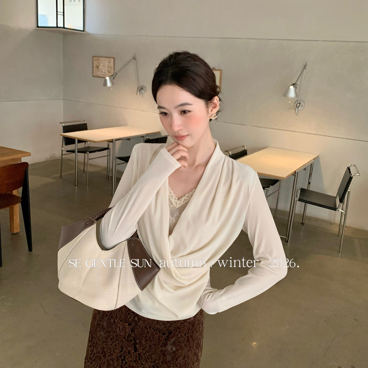 交叠V领蕾丝打底衫女秋冬温柔氛围感小衫小衫89965