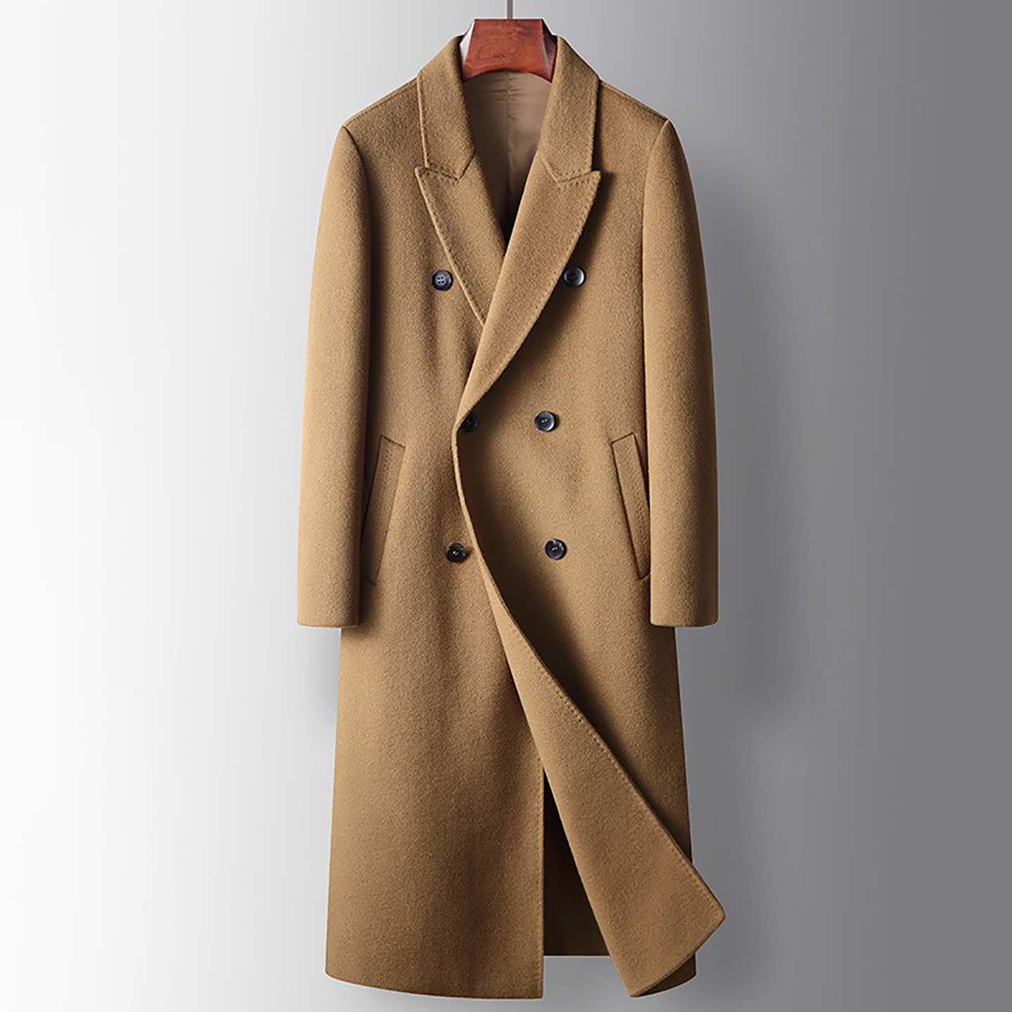 男装长款毛呢大衣纯羊毛藏青色青年双排扣西装领外套加厚保暖纯色