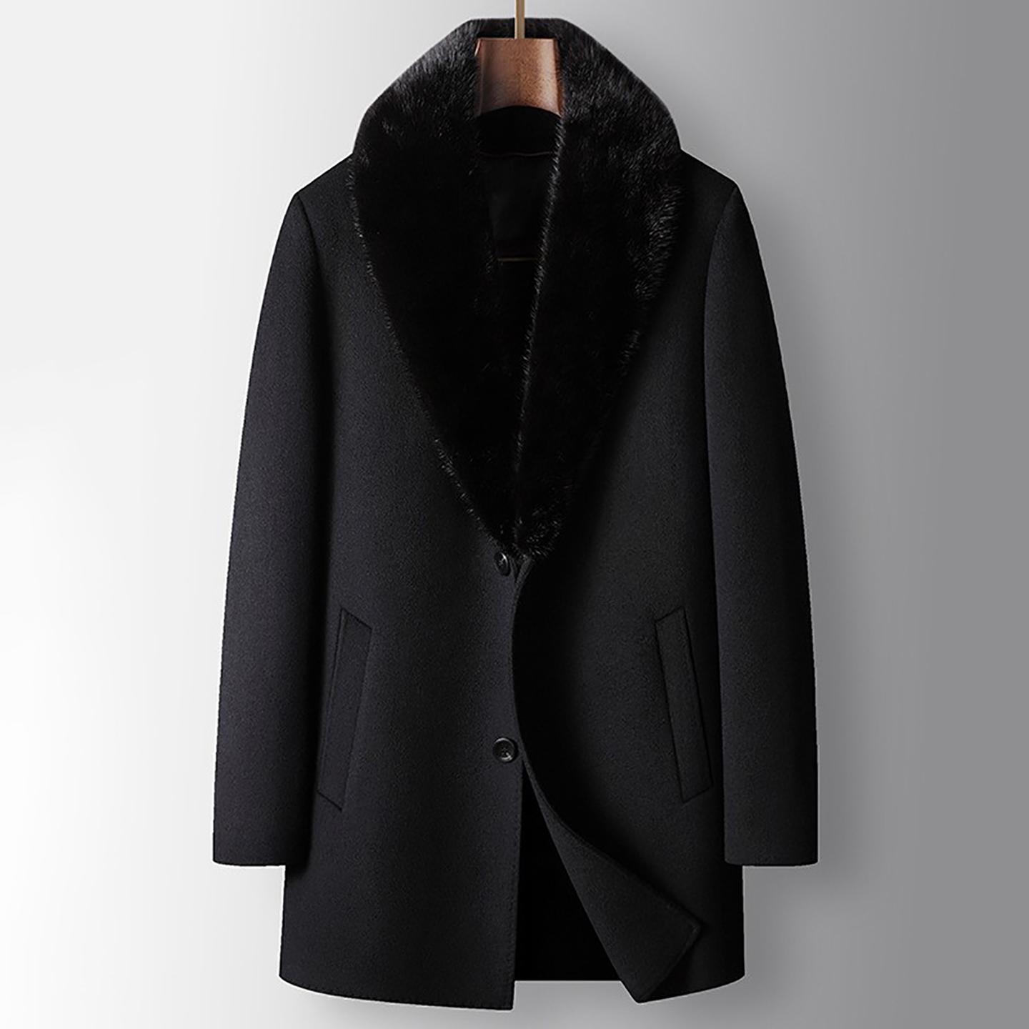 男士毛呢大衣中长款藏青水貂毛领中年商务脱卸兔毛内胆羊毛保暖