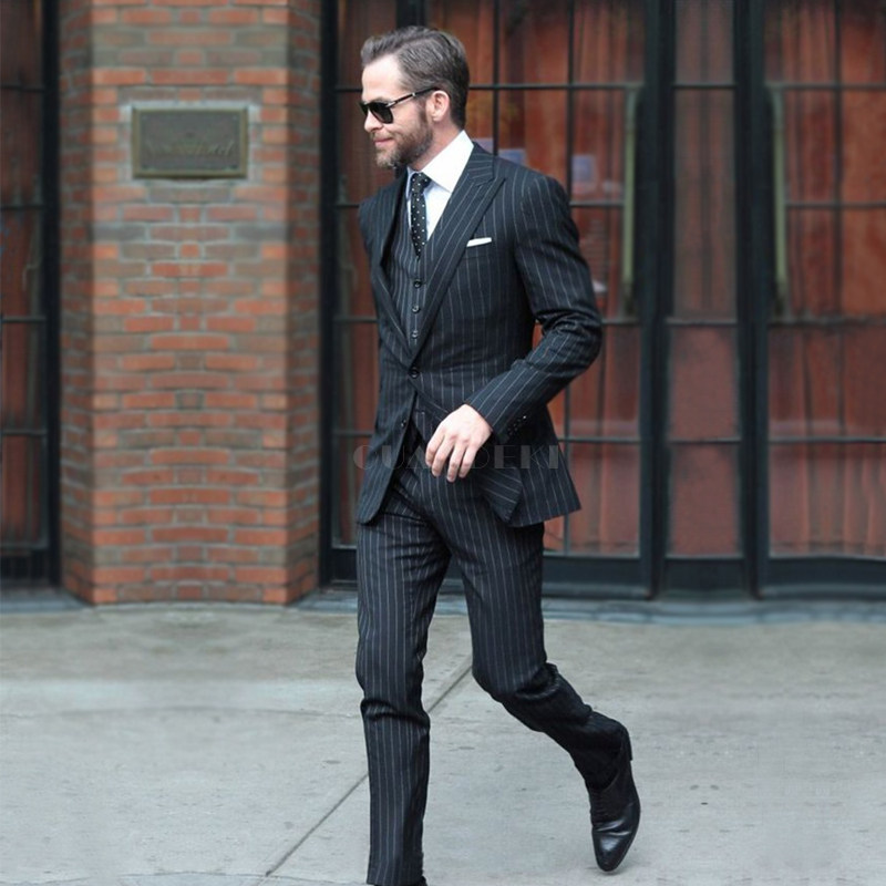 2024 HOT SUIT SUIT BLACK STRIPED GROOM DARK BLUE CUSTOM SUIT YOUTH SINGLE ROW MENS CASUAL