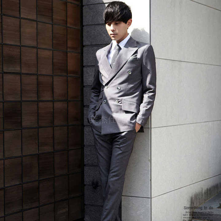 2024 NEW MENS SLIM FIT GREY DOUBLE-BREASTED LAPEL SUIT SUIT BRITISH STYLE TICKET BAG DECORATION