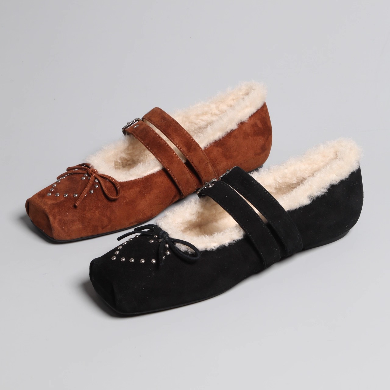 羊皮毛一体女平底鞋单鞋玛丽珍鞋