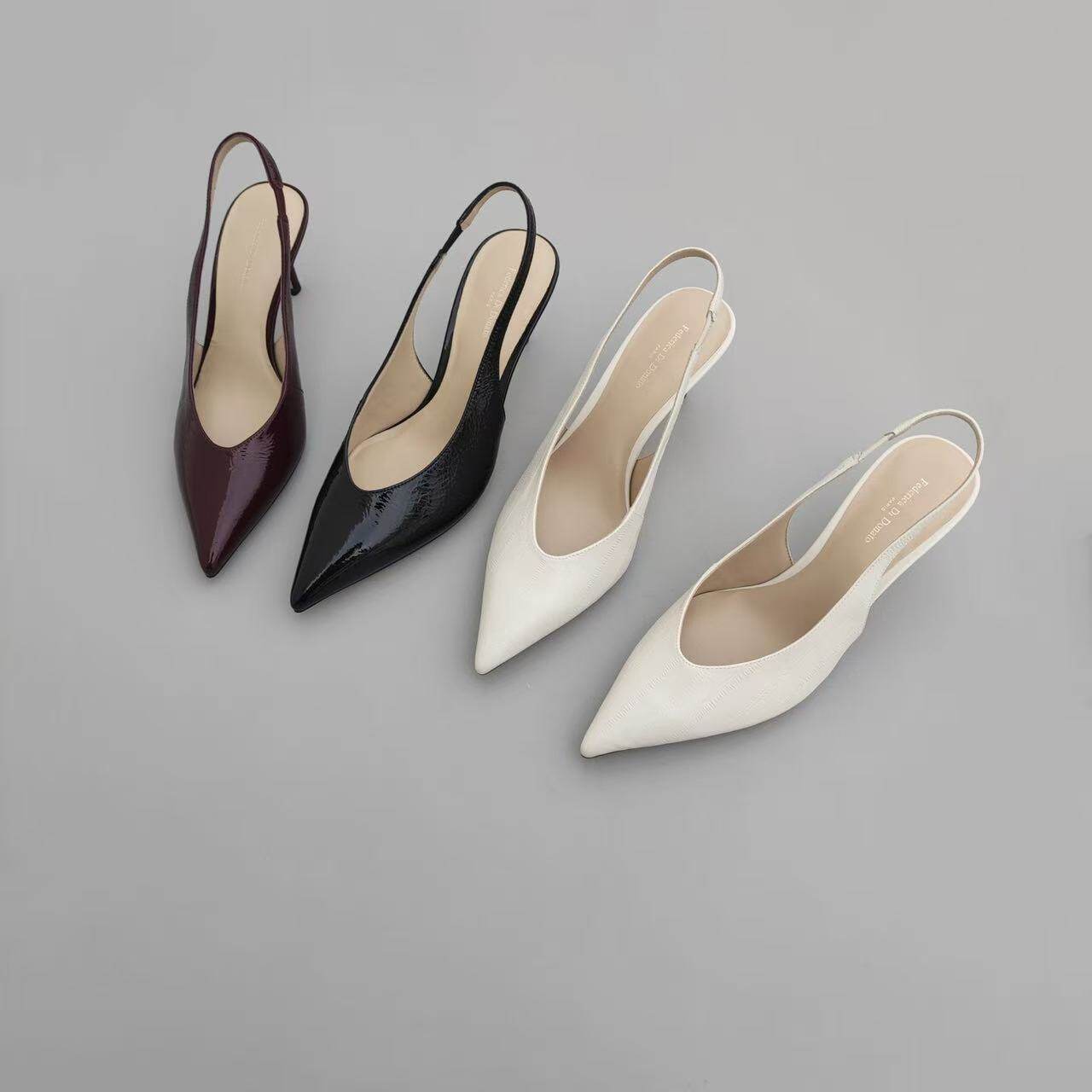 台款 新款防滑鞋底细跟牛漆皮后弹性带包头尖头高跟女凉鞋子