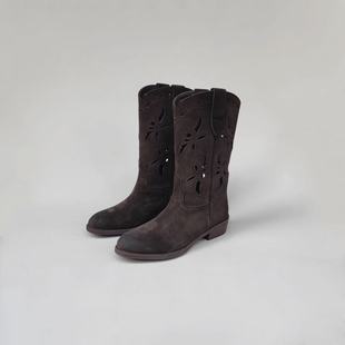 超级好看牛磨砂皮面羊皮内防滑鞋底镂空刺绣女靴子中筒靴骑士靴