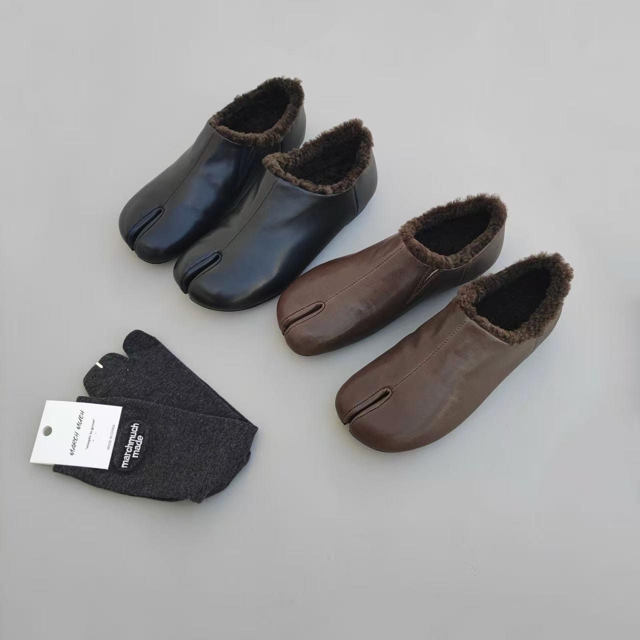 牛皮内羊毛女分趾鞋单鞋休闲鞋