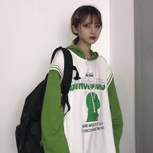 ins韩版 宽松假两件上衣古着连帽卫衣女春秋薄款 外套潮 情侣装 秋装
