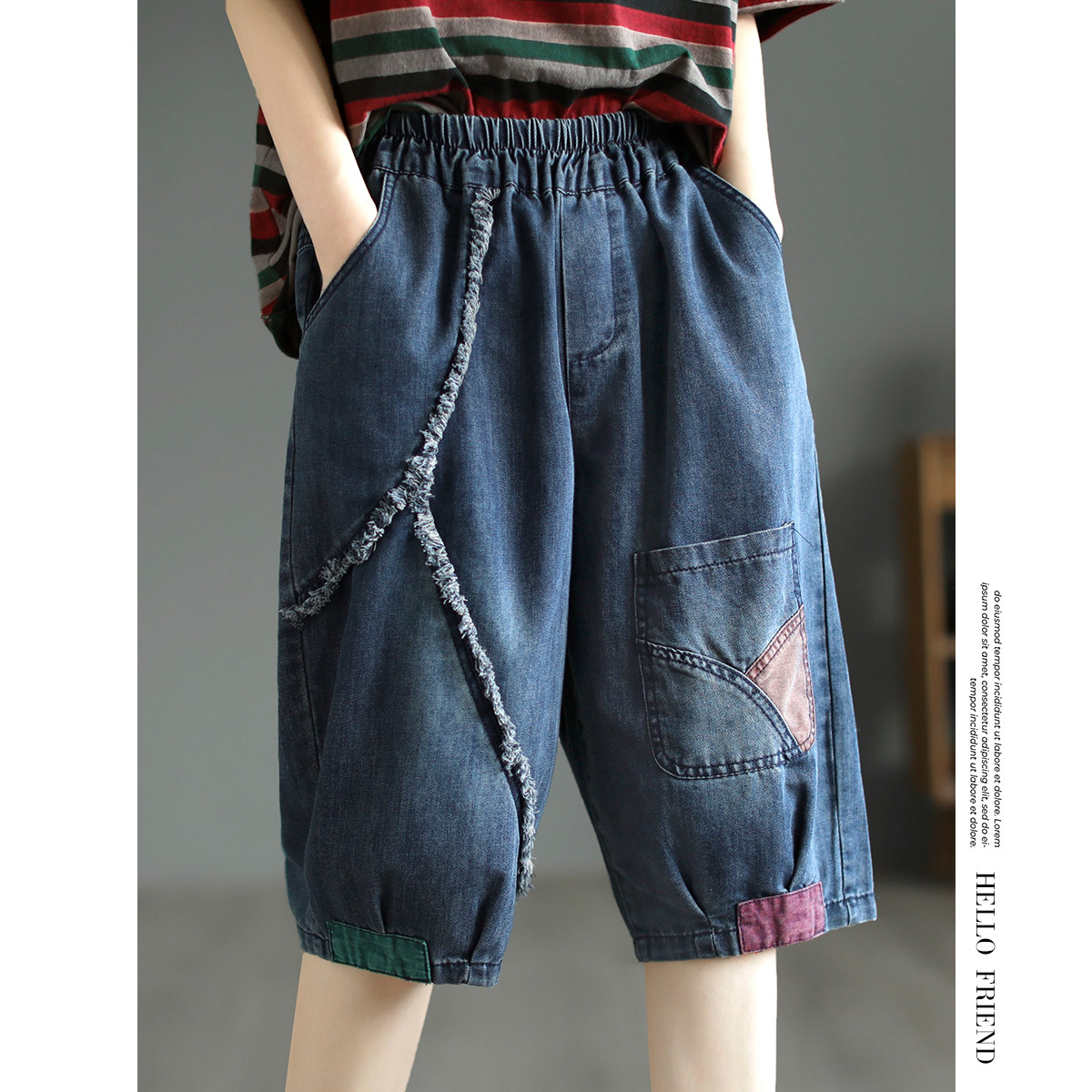 代勒原创文艺复古蓝色毛边拼接贴布全棉六分牛仔裤女百搭显瘦裤子