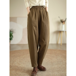 通勤哈伦裤 代勒原创秋冬文艺斜纹夹棉休闲裤 女纯色松紧腰加厚棉裤