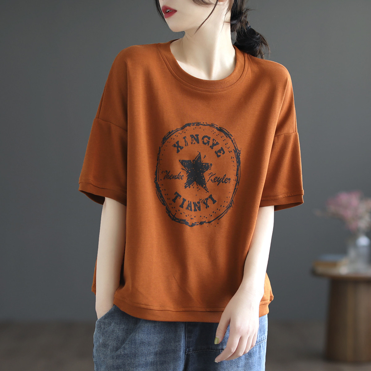 代勒原创文艺复古夏季印花图案圆领短袖t恤衫女宽松显瘦百搭上衣
