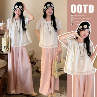 孕妇装夏套装2026新款孕期穿搭泡泡袖娃娃衫阔腿裤夏天短袖两件套