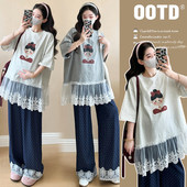 2026孕期穿搭法式 新款 蕾丝绣花短袖 孕妇装 阔腿裤 套装 上衣夏季 夏装