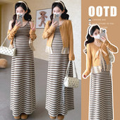 孕期穿搭法式 孕妇装 2026新款 套装 条纹吊带连衣裙不显怀两件套 春装