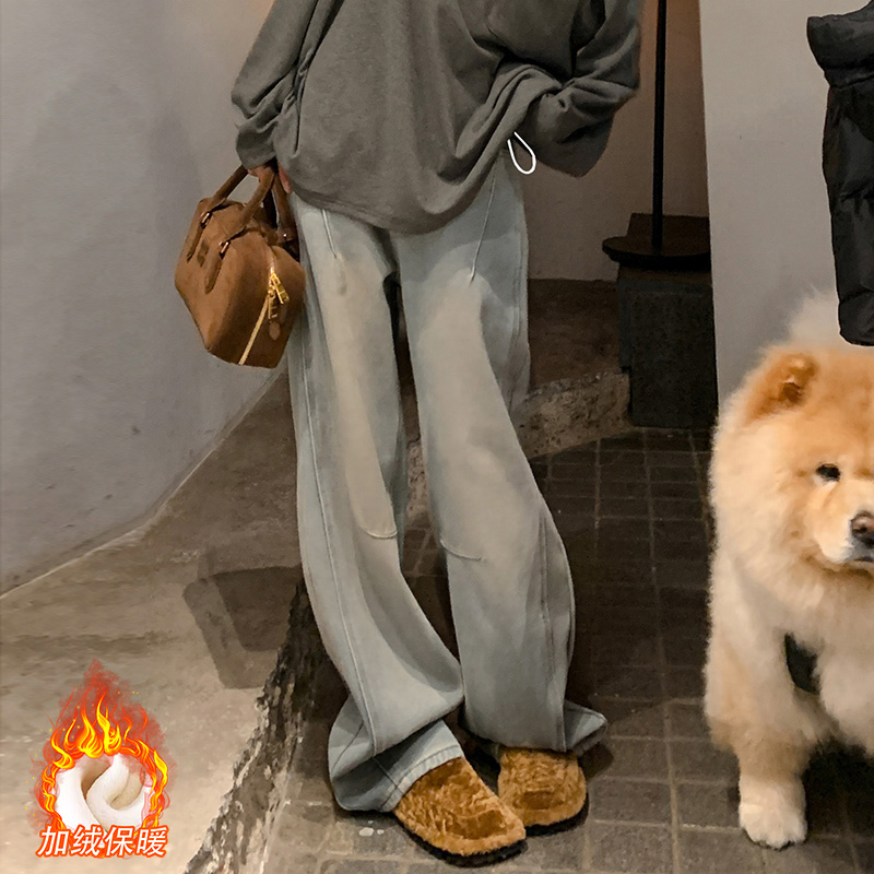 孕期加绒加厚旧复古牛仔裤阔腿裤