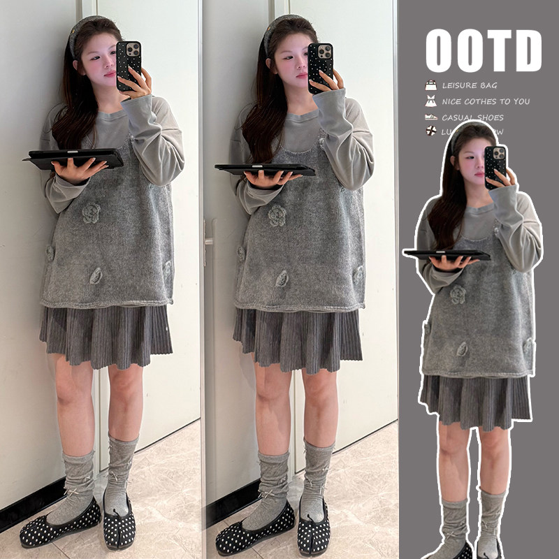 孕妇秋季法式马甲短裙三件套