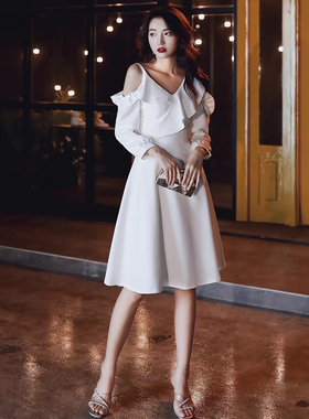白色小礼服女平时可穿法式小洋装长袖连衣裙仙气生日晚宴会轻奢