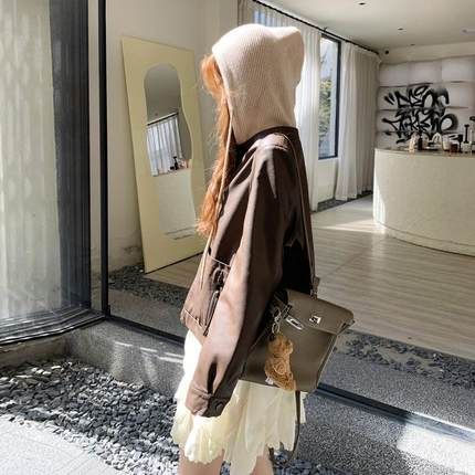 时年春秋装新款又减龄百舒适亲搭肤休闲尚B189FN88可脱卸帽皮外套