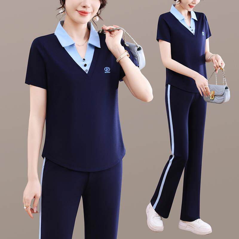 运动女138-5315夏季款短新袖长裤两件装套时尚洋气显瘦休闲套跑步