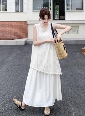 白色镂针织无袖罩衫拼接连衣裙女C251-917夏季年空新款系爆米火韩