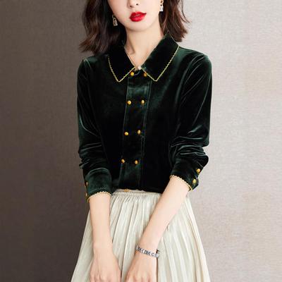 品牌正品新新女装季秋tb-69089双扣金丝绒娃娃领长袖底打衬衫排小