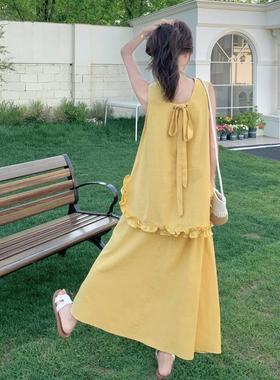 套装甜休闲慵B263FNY1懒风年穿黄色盐系减龄木耳边背心半身裙两搭
