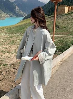 浅灰色条纹撞色立秋衣外套女早春韩系单领B301-253排扣宽松休闲大