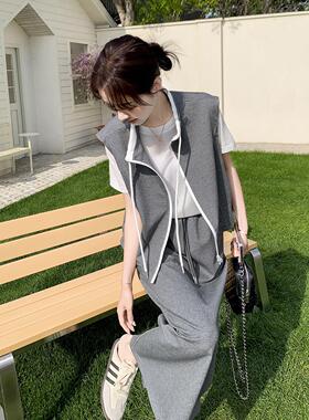 韩系2B109-58休闲风三灰色拉马甲恤半身裙件套女夏套装链遮肉洋白