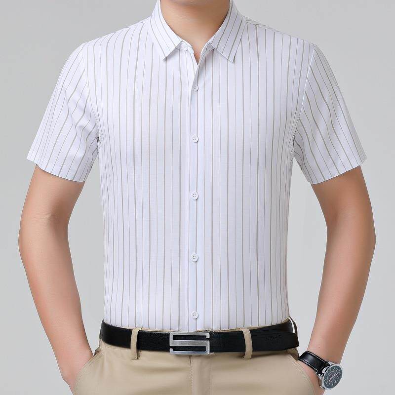 夏6797-P季新款中蚕年男式短衣袖衬衫休丝闲翻领桑丝时尚条纹冰衬