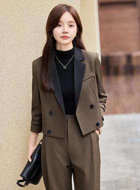 深灰色短款西装外女春秋季跨境新款小个套装子高级职YAN-8090业感