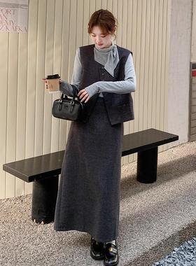 灰色通身勤业套装裙女秋季新款设计感马甲打D034-687底职半裙衫三