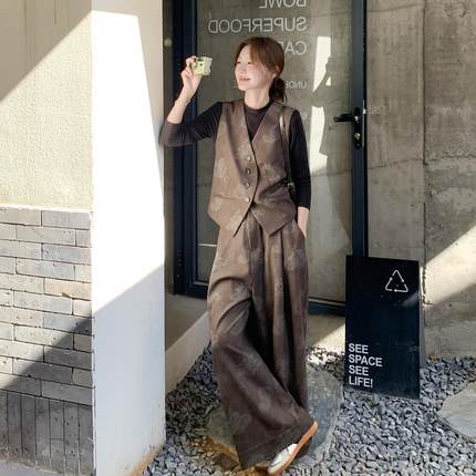 咖色装高级时尚套女秋季新款气质B189-811复古印花感件马甲阔腿裤