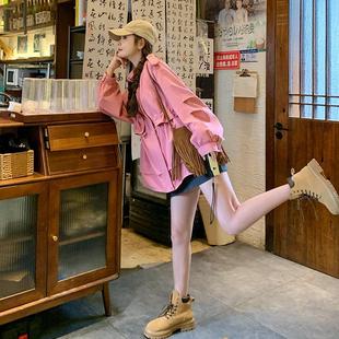 年春新秋装 减龄搭百B157FN87舒适提升品玫粉色立领风衣夹克外质 款