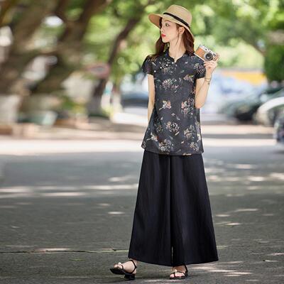 尚套两装夏RS2833-0季中式国立领盘扣印时花上衣阔腿裤风件套