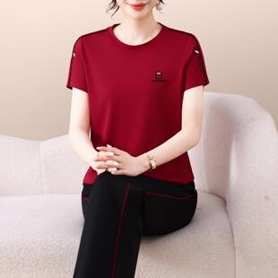 两夏季107798运动套装夏新款时尚休闲圆领女短袖长丝裤冰跑步服件