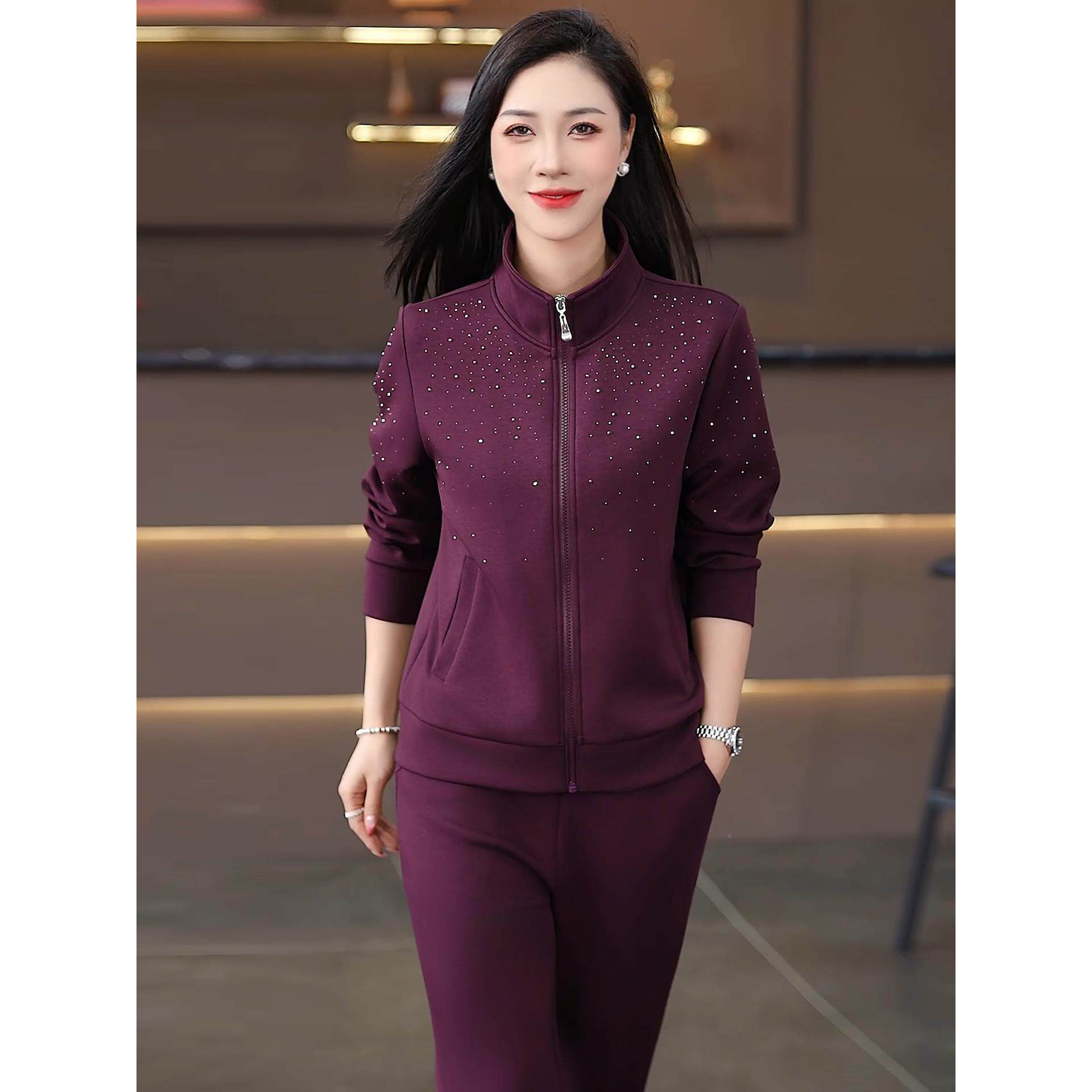 秋天休闲套装女款10756798时松洋气质女尚士立宽领运动跑步新服两