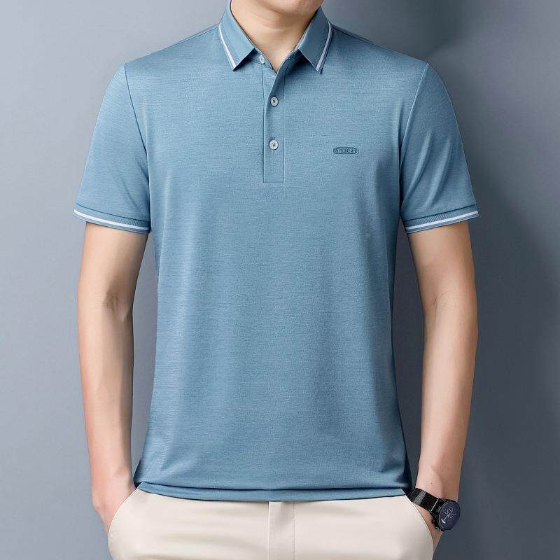 式夏新男桑商蚕丝短袖恤款务休闲翻领纯色6205-KK中年丝光棉衫