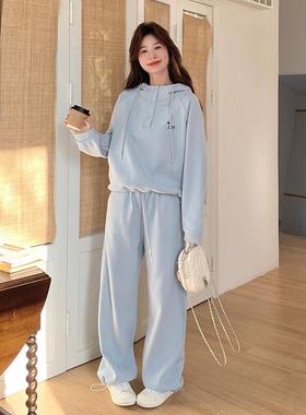 蓝色休两闲运套装女新款春c186-860秋慵懒风减龄连动帽衣阔腿裤件