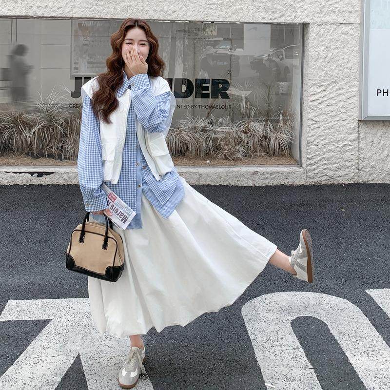 套装+装休B093FN25年春秋装新款闲女马甲+假两件衬衫半身裙套装三