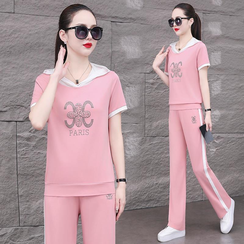 动装女夏装时77323712尚连帽短袖休套闲服两件套气宽松卫衣运冰丝