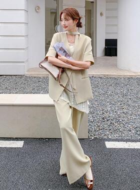 卡色老风D122-283短其袖夏西装套装女季松弛感蕾丝背心阔钱腿裤三
