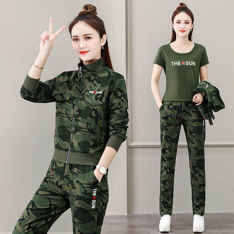 军迷彩服运动尚套装女春秋7212080新款女士户外装时大潮码卫衣三