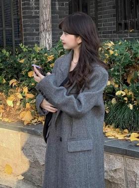 fn-N342套灰色子大衣女秋冬新款呢个小子韩系温柔风女士毛呢外女