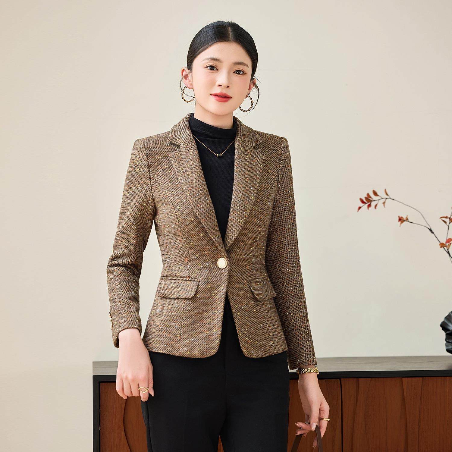 咖色高西级感装外毛料新款时尚气质休女闲格子通勤职套业MY8136上,女装/女士精品,西装,淘宝优惠券,粉丝福利购,淘宝优惠卷