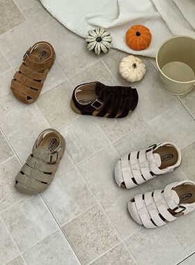 儿童凉鞋包头cbc童鞋夏季女童磨砂皮编织罗马鞋男童软木底沙滩鞋