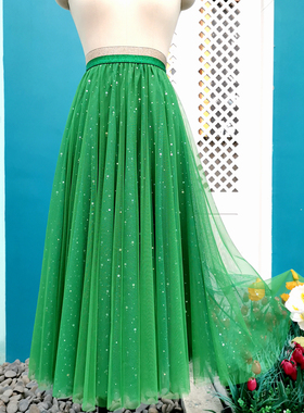 绿色半身裙春秋大码显瘦胖mm梨形身材亮闪闪小个子长裙a字网纱裙